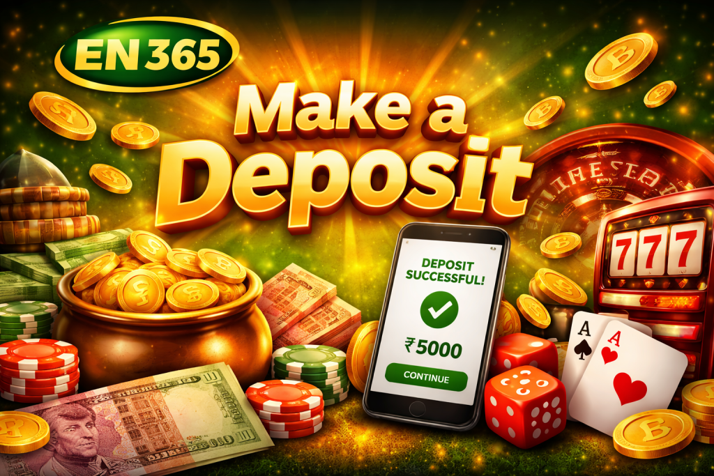 EN 365 Make a Deposit casino banner with EN365 logo, gold coins, slot machine, chips and smartphone showing ₹5000 successful deposit.