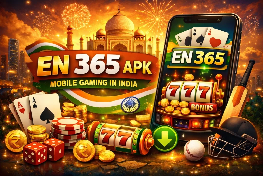 EN 365 APK mobile gaming app banner with smartphone casino interface and Indian theme for Android players