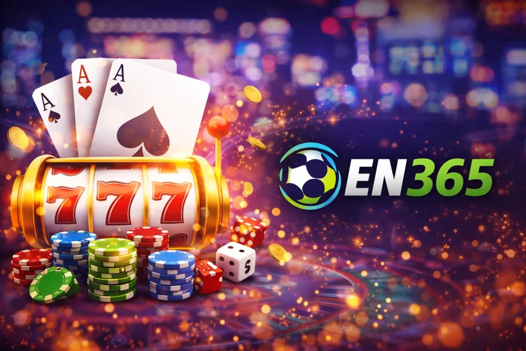 EN365 online casino banner with slot machine 777, poker chips, playing cards and EN365 logo on bright casino background