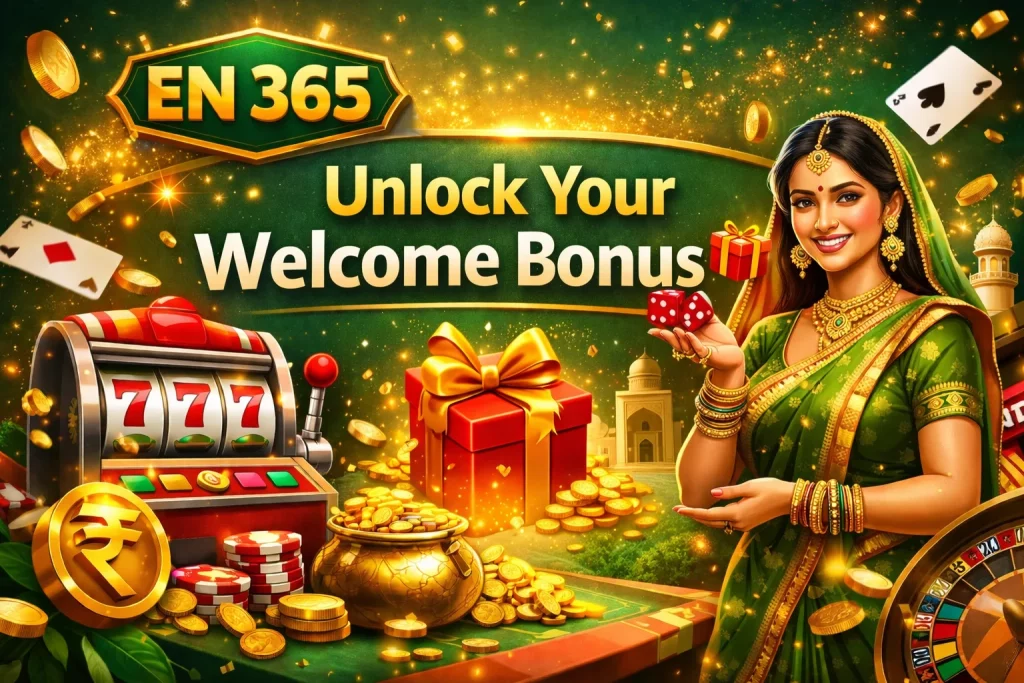 EN 365 Sign Up Bonus banner with welcome gift, slot machine, coins, and Indian-themed casino visuals