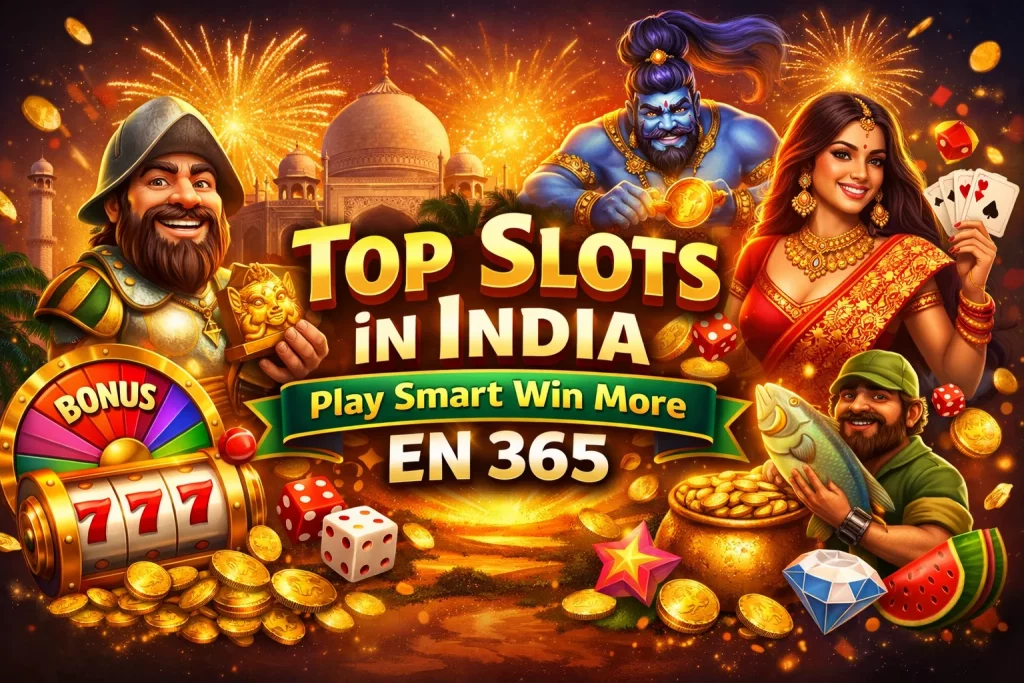 EN 365 Slots banner with vibrant casino elements, spinning reels, coins, and high-energy gameplay theme