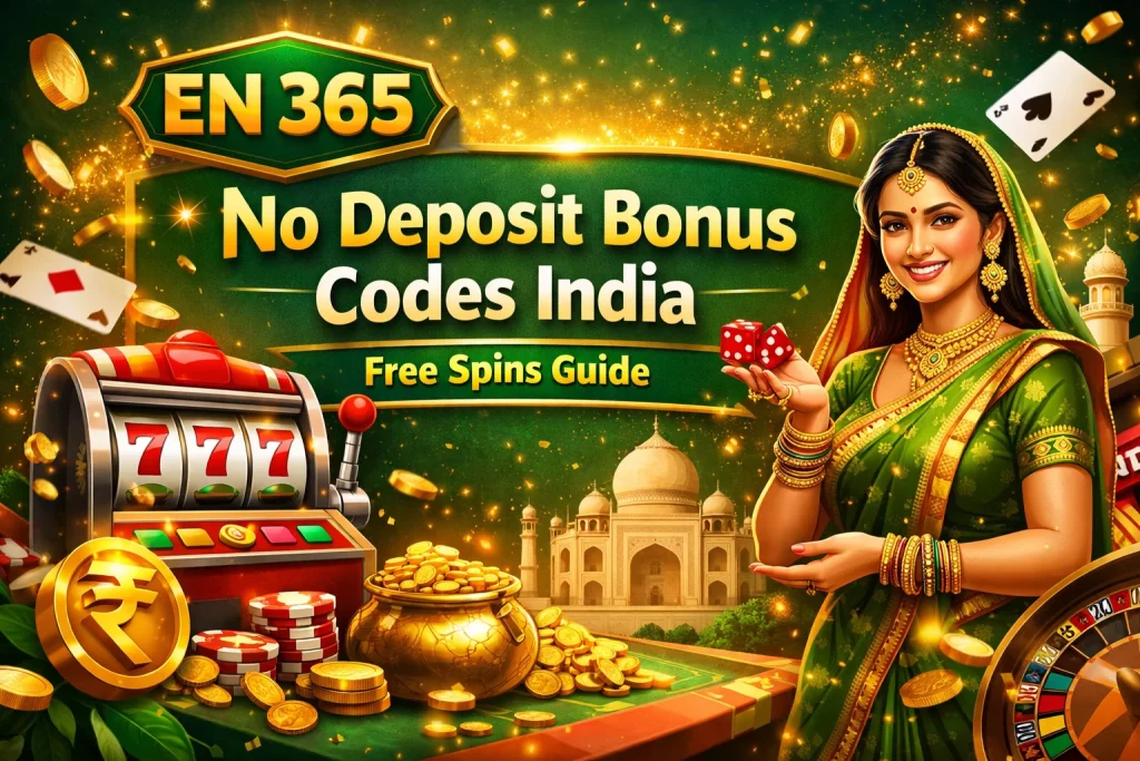EN 365 No Deposit Bonus Codes India banner with slot machine, coins, Indian theme, and free spins promotion