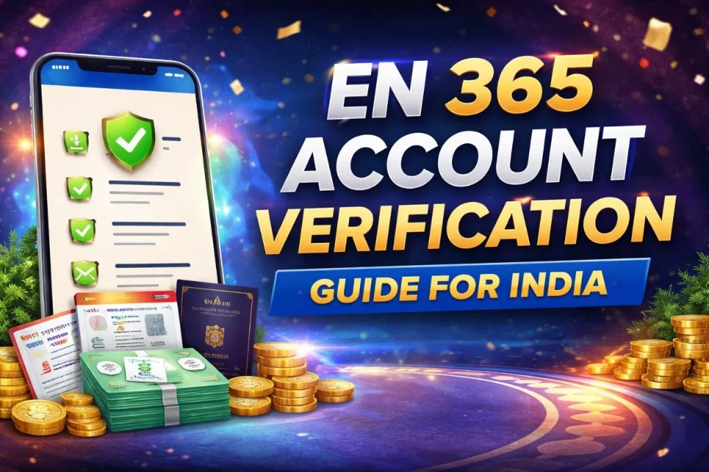 EN 365 Account Verification Guide for India banner with mobile verification screen, documents, and coins