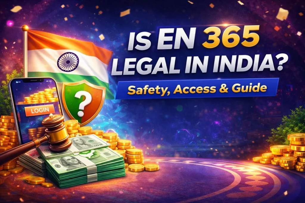 EN 365 Is Legal in India banner with Indian flag, security shield, coins, and casino elements showing safety and access guide