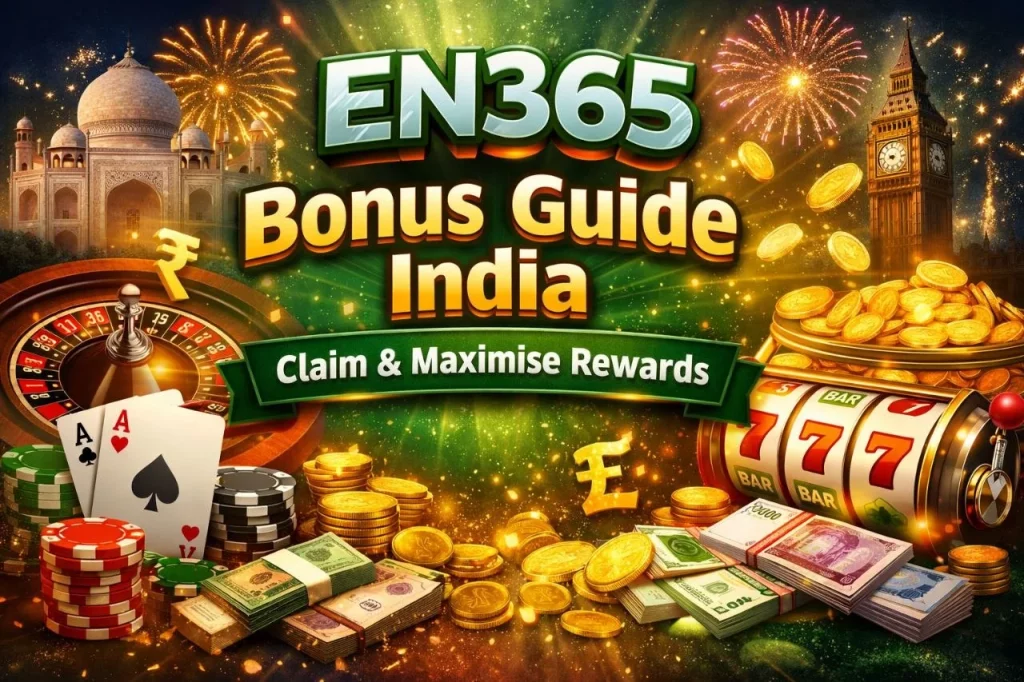 EN365 Bonus Guide India banner with casino elements, roulette, slots, coins and claim rewards message