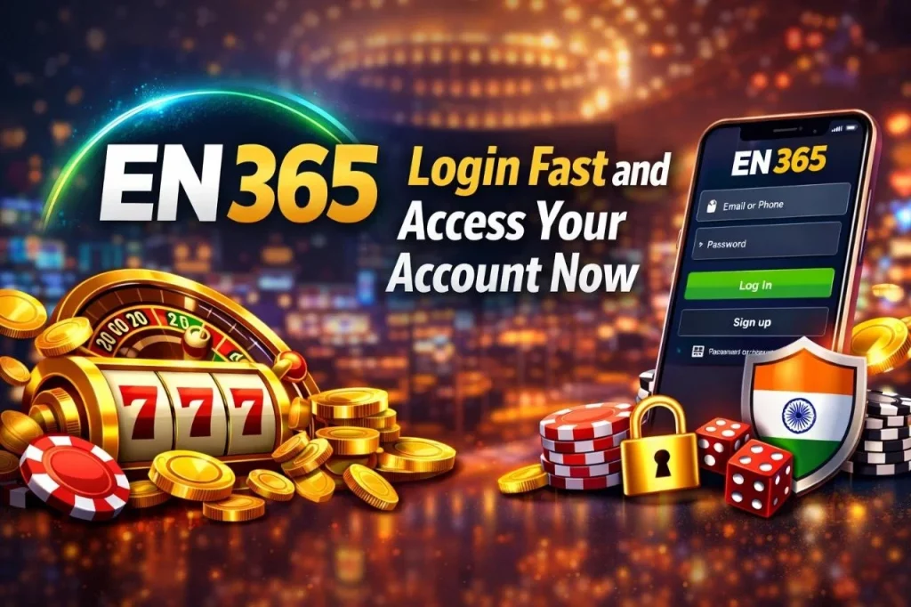 EN 365 Login banner with casino elements, mobile login screen, and text Login Fast and Access Your Account Now in bright casino style