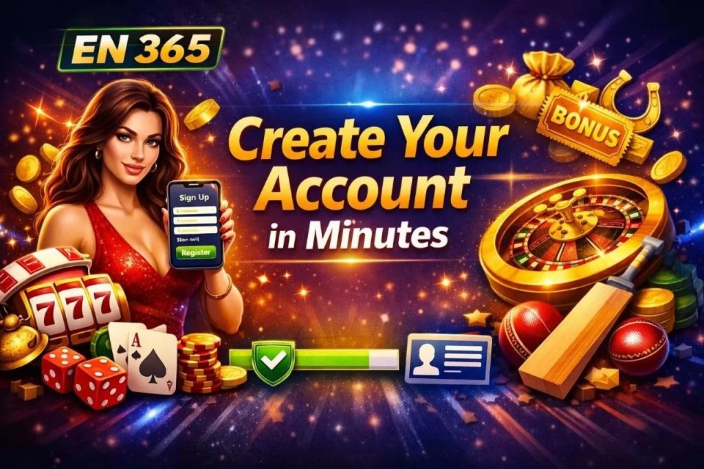 EN 365 Sign Up banner with registration screen, casino elements, and text Create Your Account in Minutes