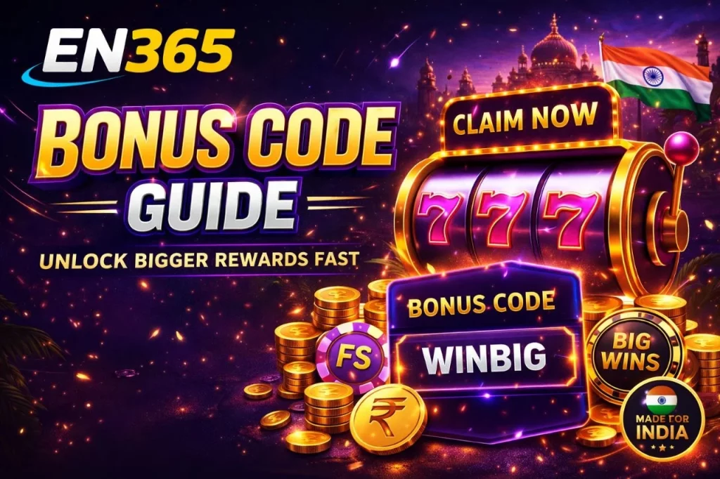 EN365 Bonus Code Guide banner with slot machine, gold coins, bonus card WINBIG, and “Unlock Bigger Rewards Fast” casino promotion design
