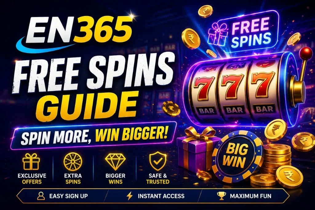 EN365 Free Spins Guide banner with slot machine, gold coins, glowing neon effects, and “Spin More, Win Bigger” casino promotion design