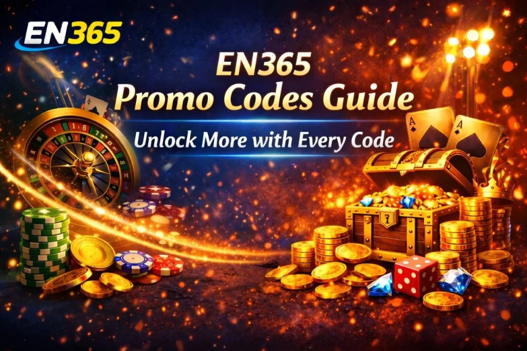 EN365 Promo Codes Guide banner with roulette wheel, gold coins, treasure chest, and “Unlock More with Every Code” promotional casino design