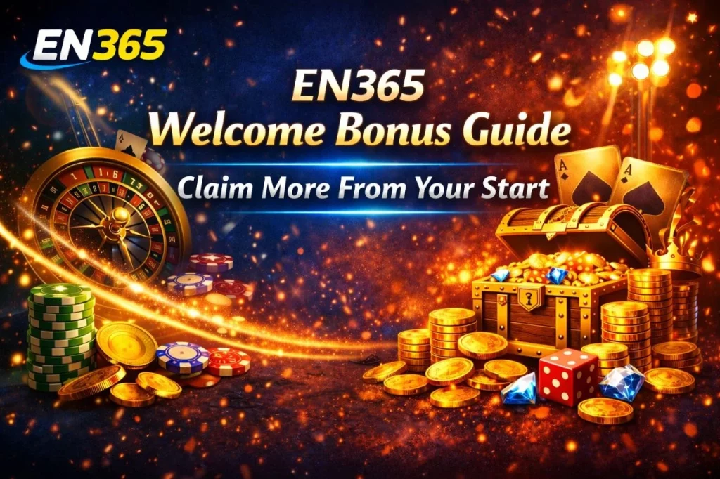 EN365 Welcome Bonus banner featuring gold coins, roulette wheel, treasure chest, and “Welcome Bonus Guide – Claim More From Your Start” promotional design