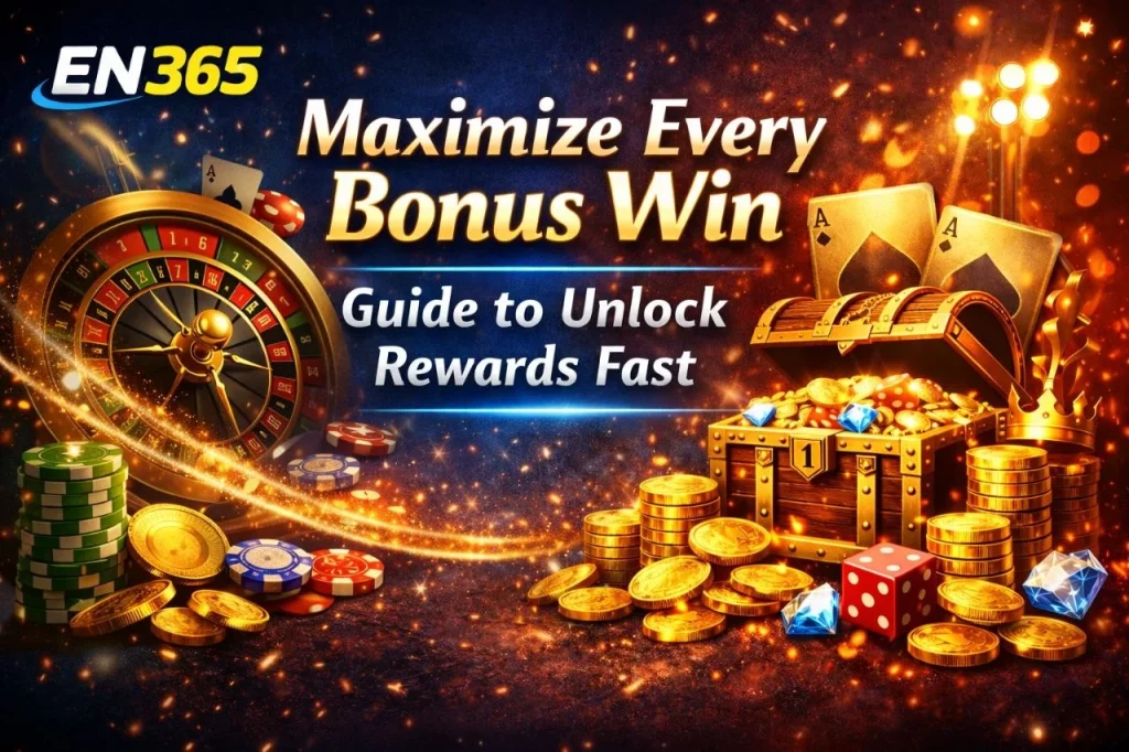 EN365 Bonus Offers banner with gold coins, roulette wheel, treasure chest, and “Maximize Every Bonus Win” promotion design