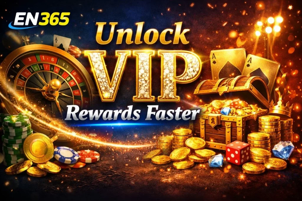 EN365 VIP Program banner with casino rewards, gold coins, roulette, and exclusive VIP benefits promotion
