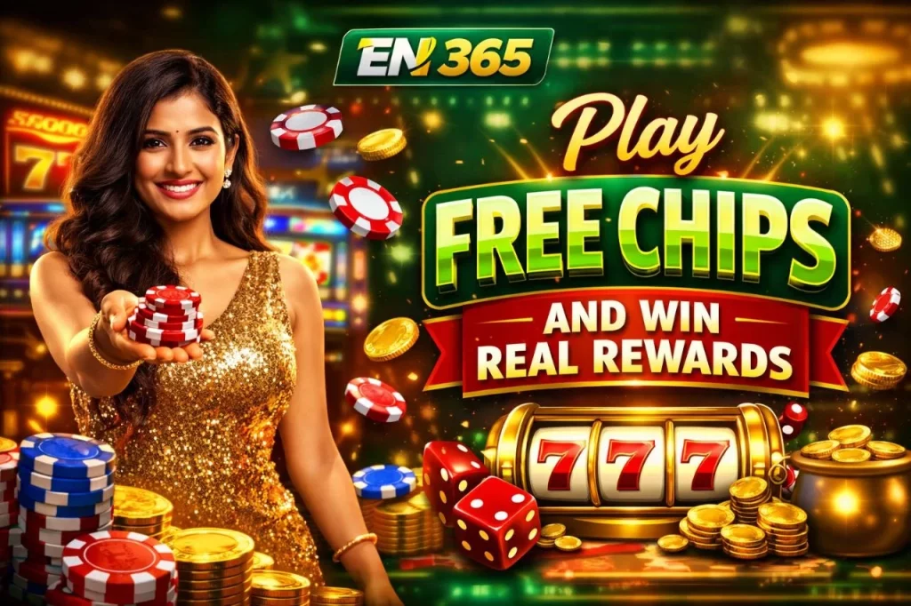 EN 365 Free Chips banner with casino chips, slot machine, coins, and text Play Free Chips and Win Real Rewards
