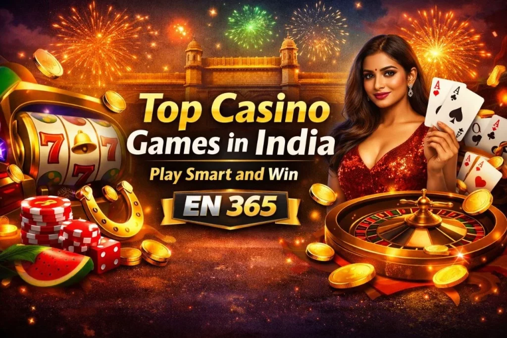 EN 365 Games banner featuring top casino games in India with slot machine, roulette, cards, and vibrant golden casino theme