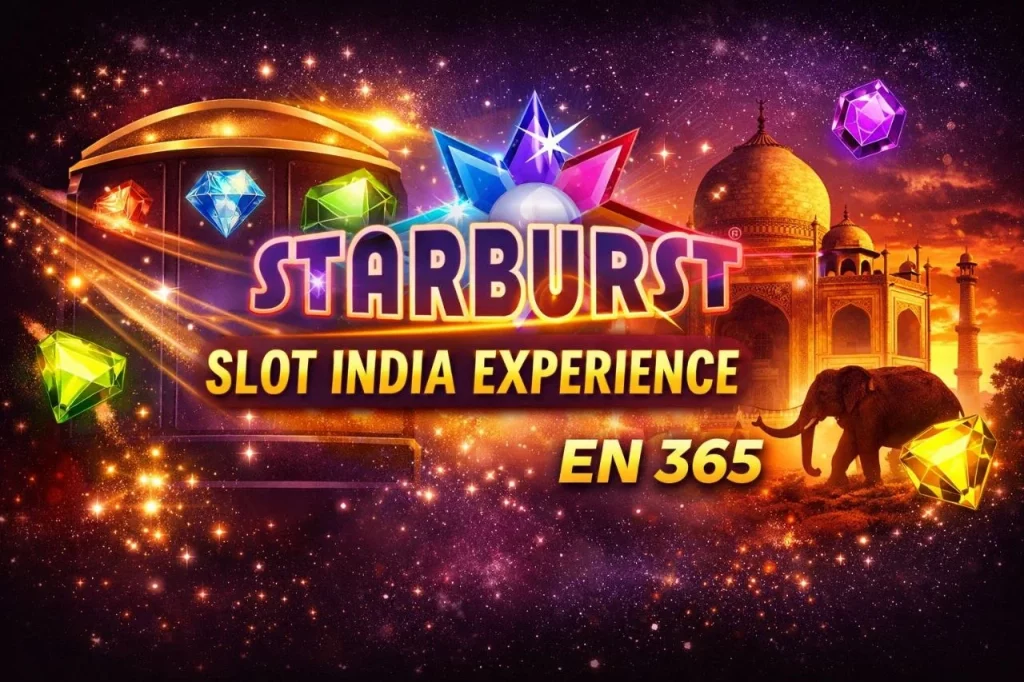 Starburst Slot India Experience banner with EN 365 casino branding, featuring glowing gems, slot reels, Taj Mahal background, and vibrant neon colors in a rectangular layout