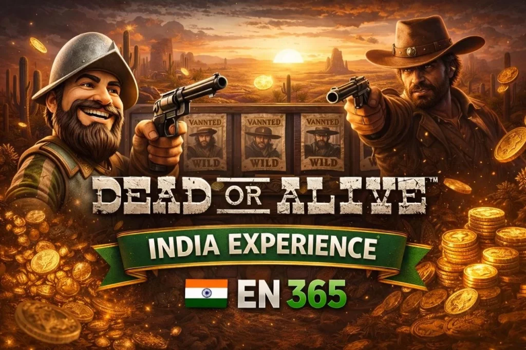 Gonzo’s Quest India Experience banner with EN 365 casino branding, featuring jungle temple, gold coins, explorer character, and vibrant green and gold colors in a rectangular layout