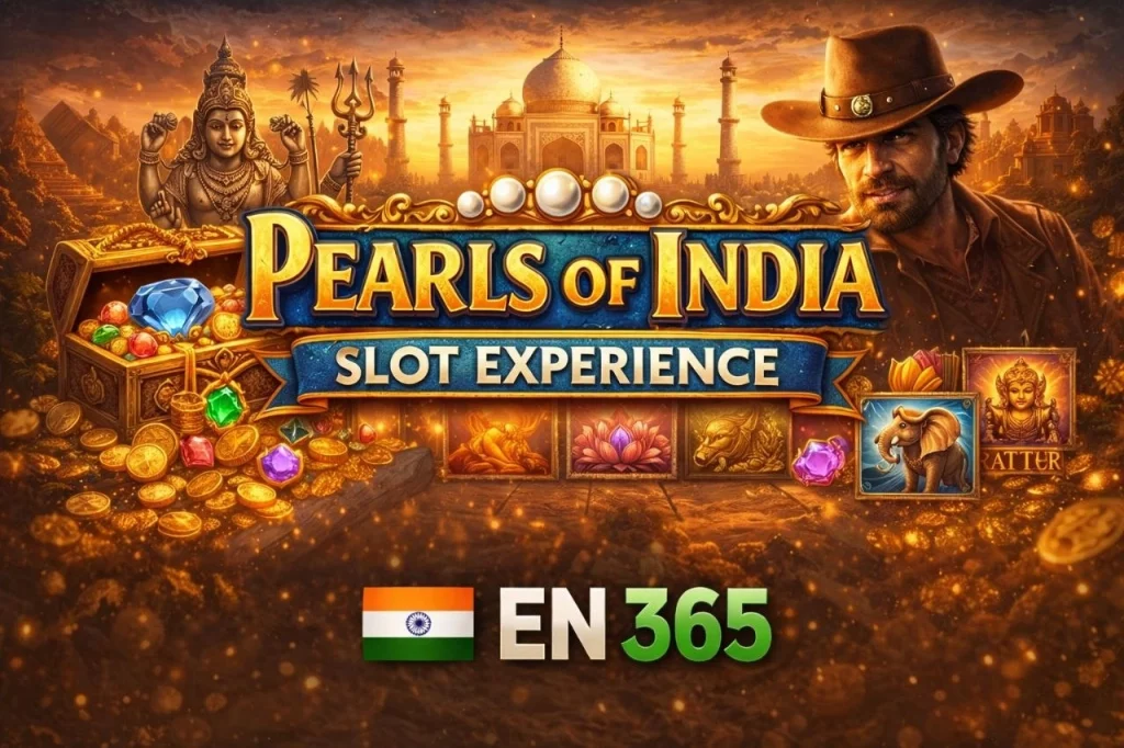 Pearls of India Slot Experience banner with EN 365 casino branding, featuring Indian temple background, pearls, treasure chest, colorful slot symbols, and golden lighting in a wide rectangular layout