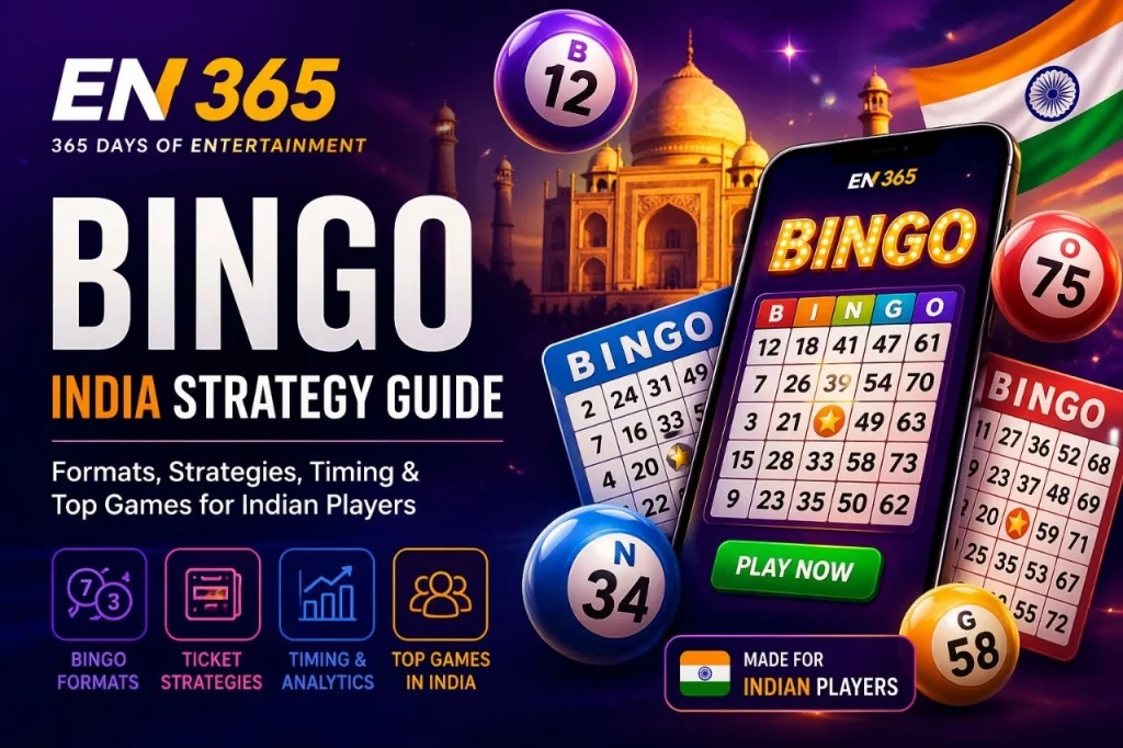  Bingo India Strategy Guide banner with EN 365 branding, featuring colorful bingo balls, game cards, mobile gameplay screen, Indian landmark background, and bright neon-style design in a wide rectangular format