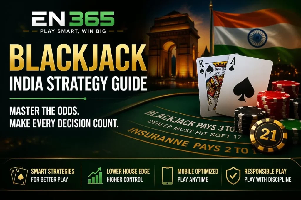 Blackjack India Strategy Guide banner with EN 365 branding, featuring playing cards, casino chips, blackjack table layout, Indian flag, and green-gold theme in a wide rectangular format