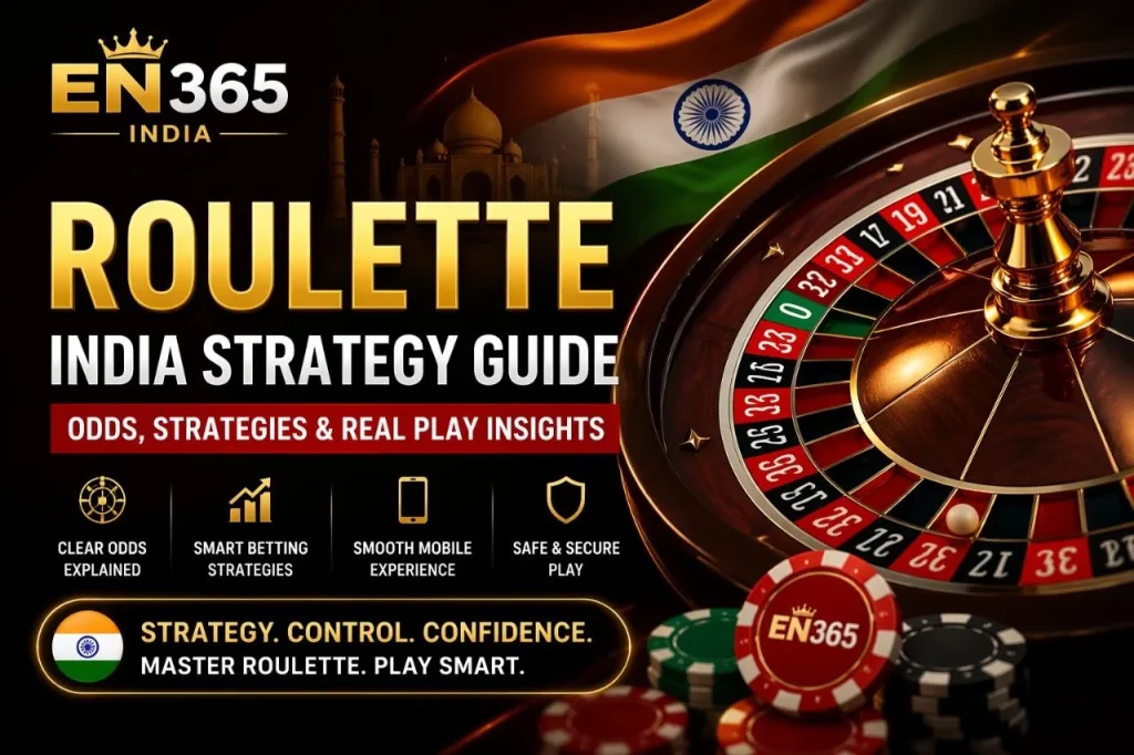Roulette India Strategy Guide banner with EN 365 branding, featuring a spinning roulette wheel, casino chips, Indian flag, and gold-accented layout in a wide rectangular format