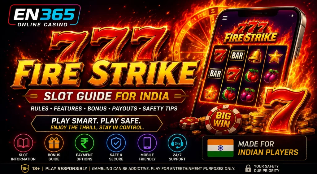 EN 365 777 Fire Strike Slot Guide India banner with fiery 777 slot visuals, mobile casino interface, payment icons, safety symbols, Indian player focus, and responsible play message.