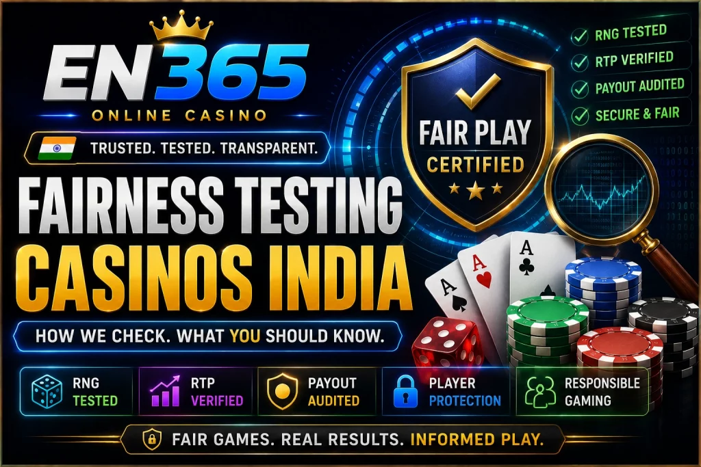 EN365 Online Casino banner for Fairness Testing Casinos India with fair play shield, RNG tested, RTP verified, payout audited icons, cards and casino chips.