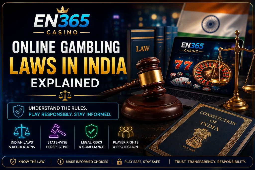EN 365 Casino banner about online gambling laws in India with legal scales, gavel, Indian flag, casino screen, and player protection symbols