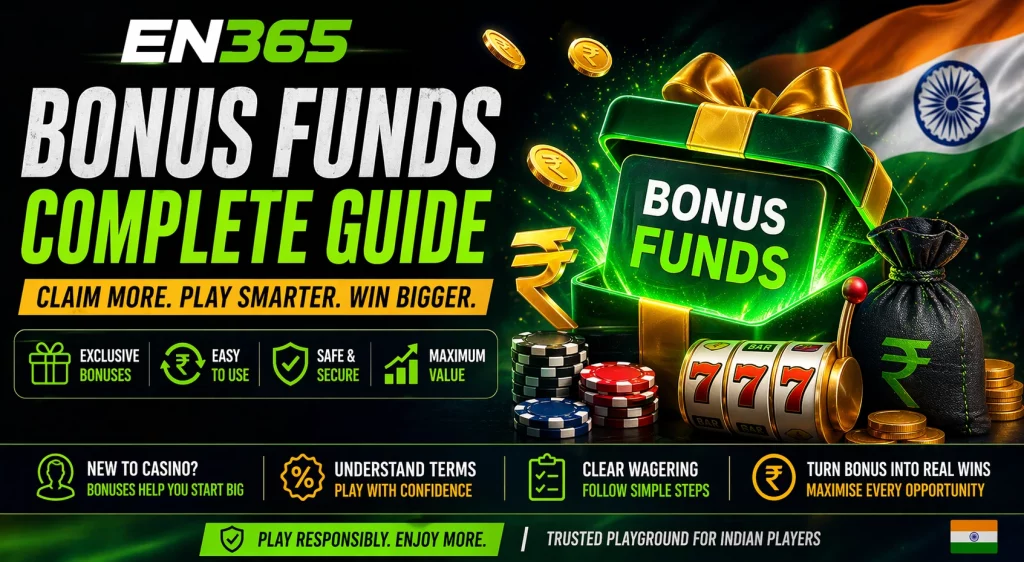 EN 365 Bonus Funds Complete Guide banner with glowing bonus chest, rupee coins, casino chips and Indian flag, highlighting bonus funds, wagering and smart play strategy