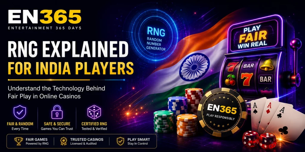 Horizontal banner for EN 365 showing 'RNG Explained for India Players' with casino elements like roulette, slots, cards, and poker chips in a neon-themed design.