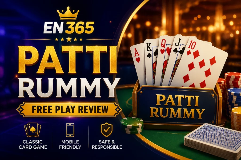 Patti Rummy free play review banner for EN 365 with Indian card game visuals, mobile-friendly layout, and responsible non-cash entertainment theme.
