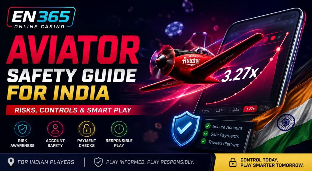 EN 365 Aviator Safety Guide for India banner with aircraft, mobile game interface, account safety icons, payment checks, responsible play elements, and Indian flag accents.