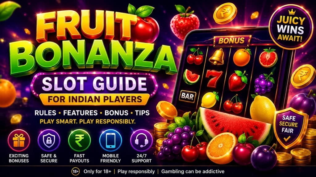 EN 365 Fruit Bonanza Slot Guide banner with colourful fruit slot machine, glowing casino reels, mobile gameplay visuals, Indian player focus, bonus icons, and responsible gaming symbols.