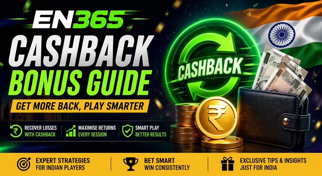 EN 365 Cashback Bonus Guide banner with neon green cashback icon, Indian flag, rupee coins and wallet, highlighting cashback rewards and smart play strategies