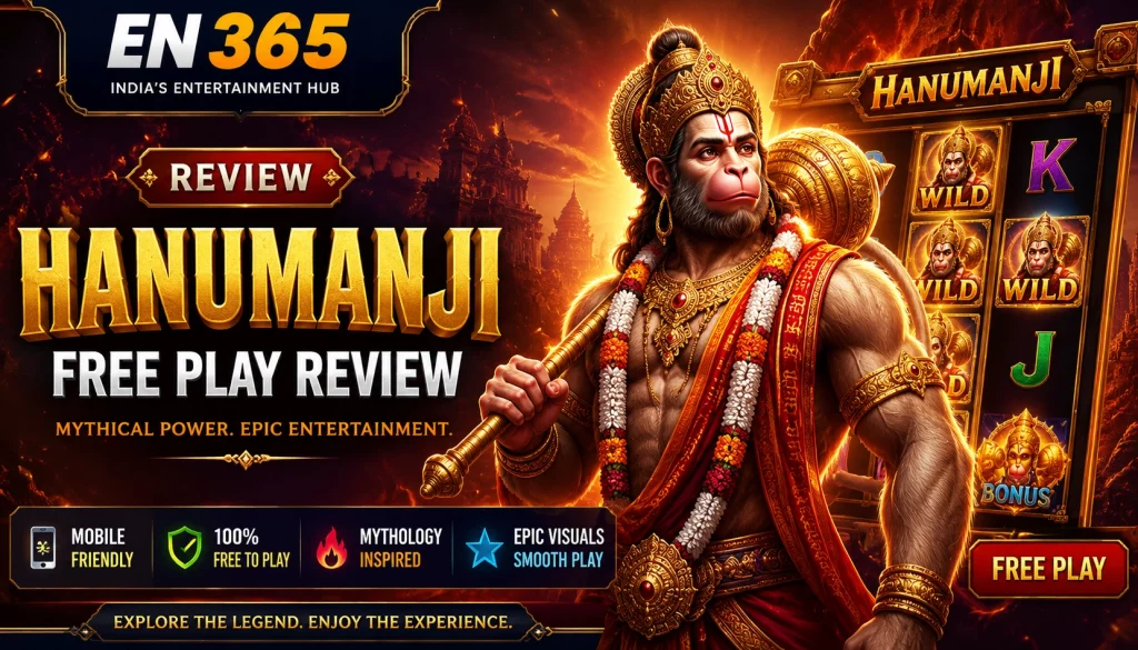 Hanumanji free play review banner for EN 365 with Indian mythology-inspired visuals, mobile-friendly design, and non-cash entertainment theme.