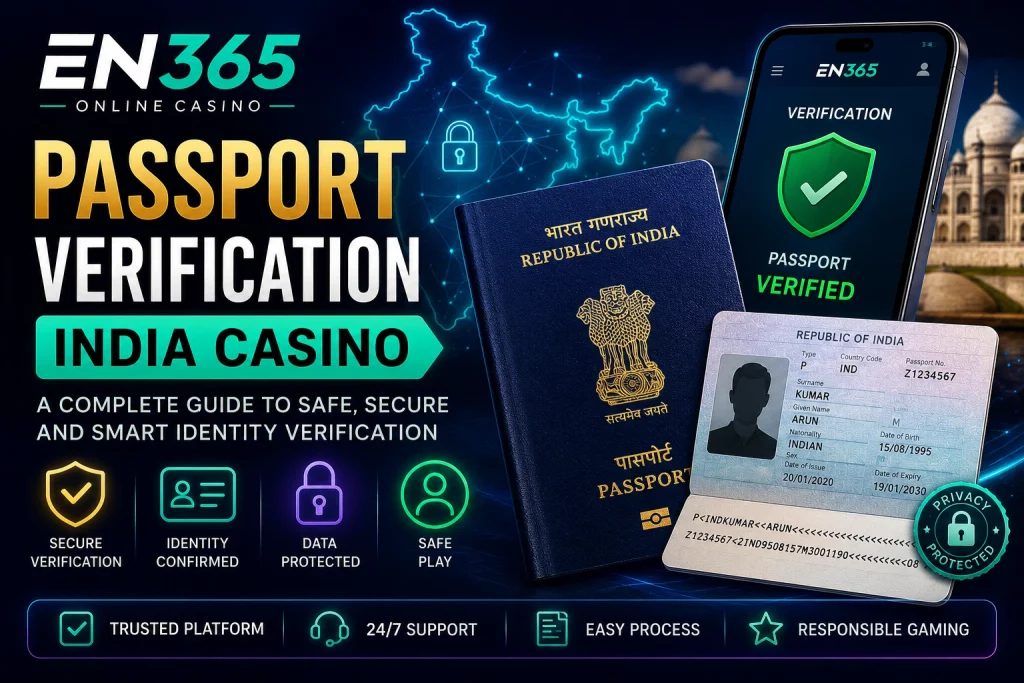 EN 365 Passport Verification India Casino banner with Indian passport, secure identity check, privacy protection icons, verified account screen, and responsible gaming visuals.