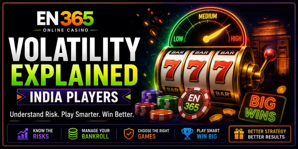 Volatility Explained for India Players', featuring a slot machine with 777 symbols, poker chips, casino coins, a volatility meter, and neon casino elements with India-themed background.