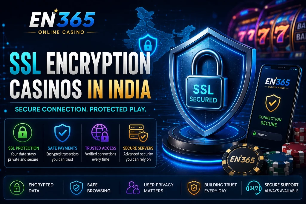 EN 365 online casino banner for “SSL Encryption Casinos India” featuring an SSL-secured shield, lock icon, India map, secure connection symbols, and casino-themed visuals.