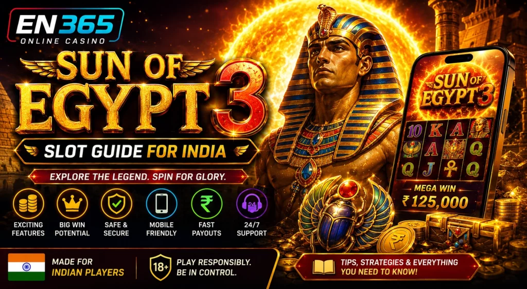 EN 365 Sun of Egypt 3 Slot Guide India banner with Egyptian pharaoh visuals, mobile slot interface, golden casino elements, Indian player focus, safety icons, and responsible play message.