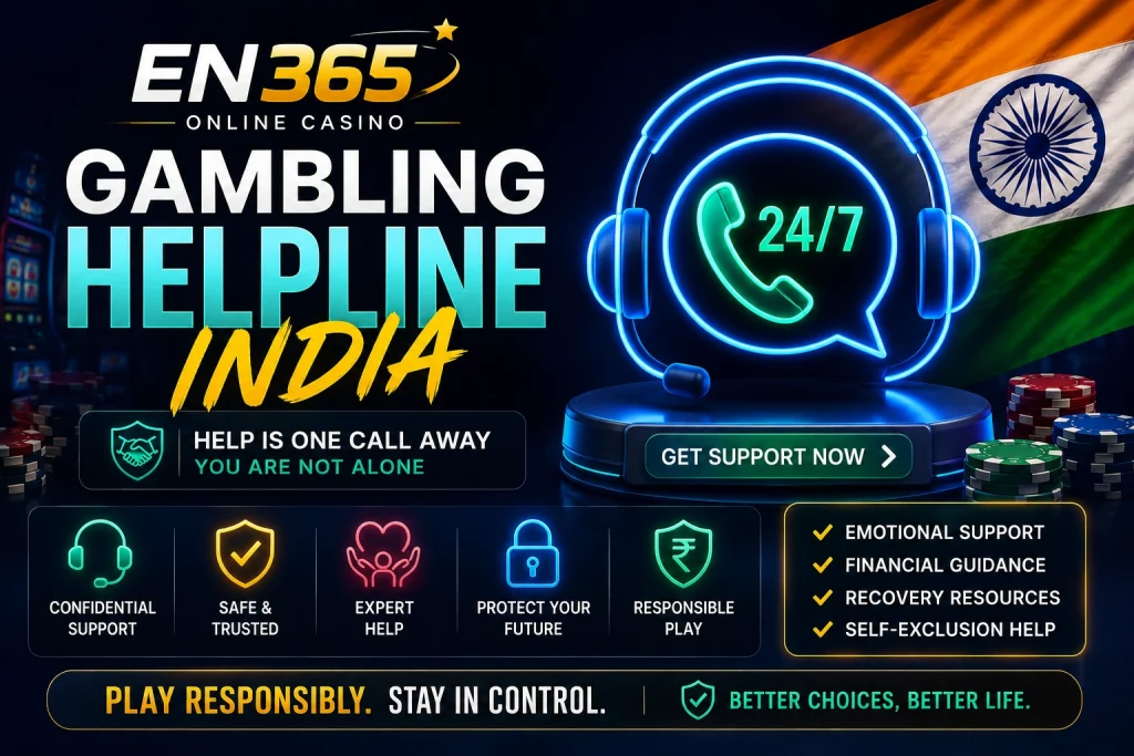 EN365 Gambling Helpline India banner with 24/7 support headset icon, Indian flag background, responsible gaming protection tools, emotional support, financial guidance, and self-exclusion help for Indian players