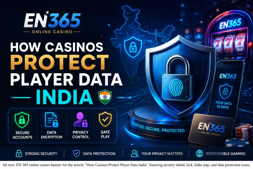 EN 365 online casino banner for the article “How Casinos Protect Player Data India” featuring a security shield, lock, India map, and data protection icons.