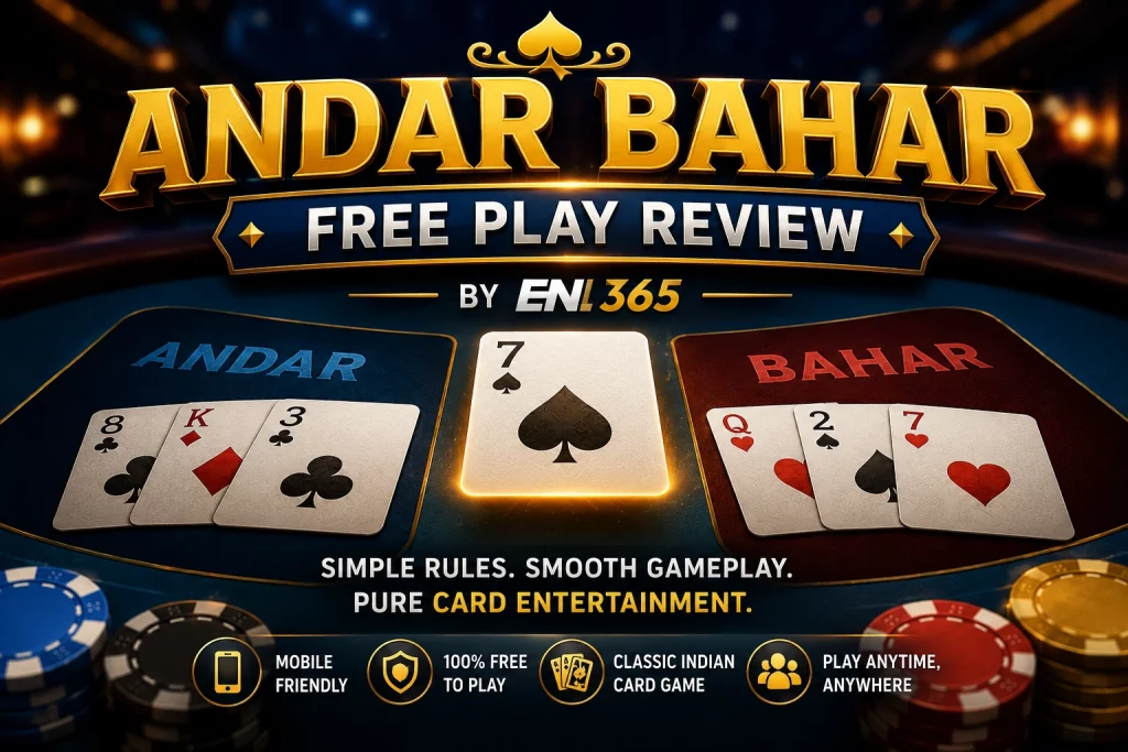 Andar Bahar free play review banner for EN 365 with Indian card game visuals, glowing table layout, mobile-friendly design, and responsible non-cash entertainment theme.