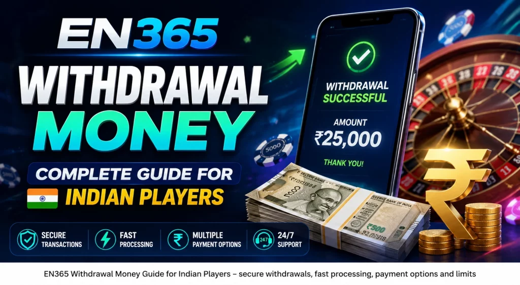 EN365 Withdrawal Money guide banner for Indian players with secure cashout, rupee payments, casino chips, mobile withdrawal confirmation and fast processing visuals.