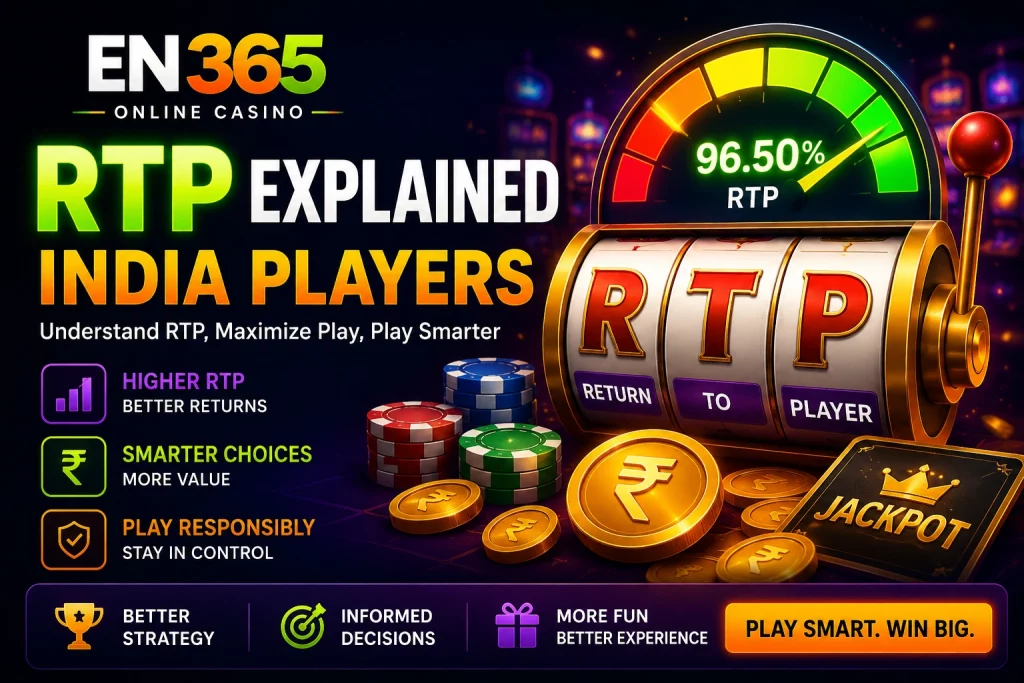 RTP Explained for India Players', featuring slot machine, poker chips, cards, and roulette wheel in neon-themed casino visuals with platform name and article title prominently displayed.