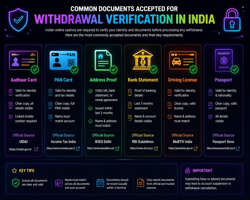 EN 365 withdrawal verification banner for Indian players featuring glowing ID cards, Aadhaar, PAN, bank statements, passport and driving license icons with neon casino graphics, highlighting secure verification and responsible gaming.