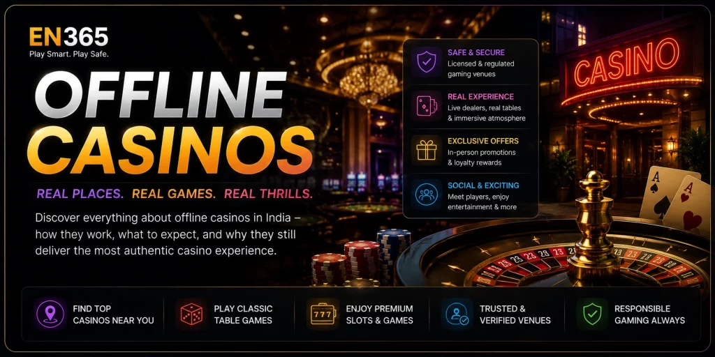 Offline Casinos featuring realistic casino interior with poker chips, playing cards, slot machines, and neon lighting, highlighting immersive and luxurious casino experience