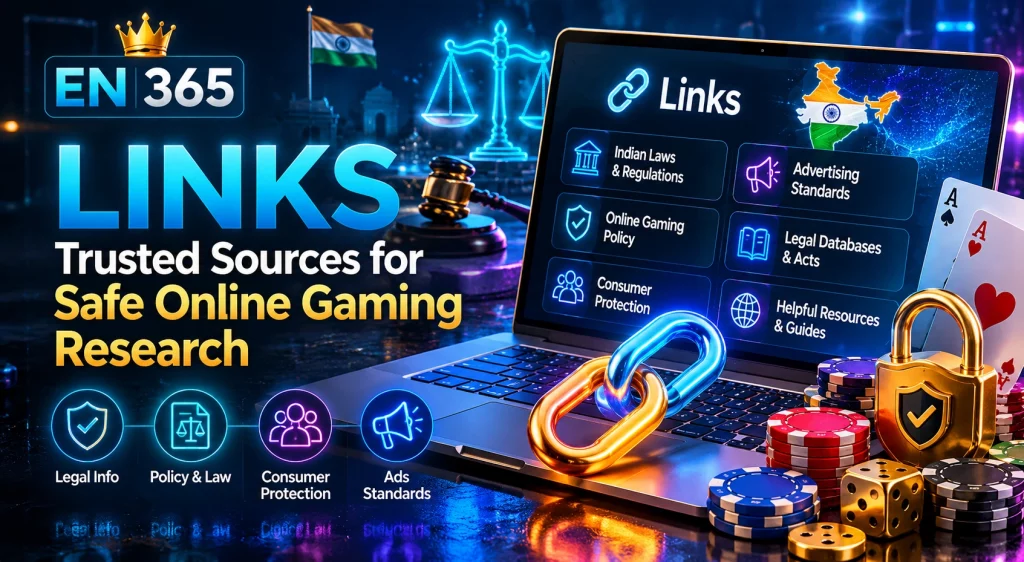 EN 365 Links Guide banner for safe online gaming research with Indian law symbols, trusted sources, policy icons, laptop, legal gavel and casino elements