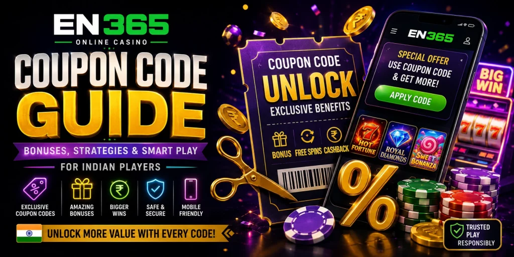 EN 365 Coupon Code Guide banner with casino coupon ticket, mobile app screen, rupee coins, bonus icons and Indian player-focused promo design.