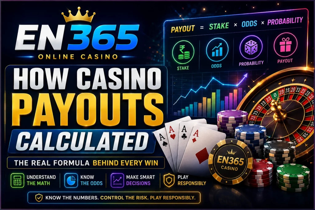 EN365 Online Casino banner for How Casino Payouts Calculated with payout formula, odds icons, chips, cards and roulette wheel.