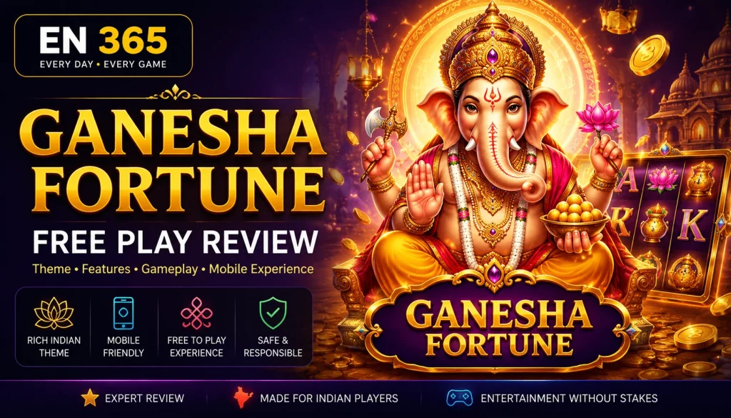 Ganesha Fortune free play review banner for EN 365 with Indian theme, mobile-friendly design, and entertainment without stakes.